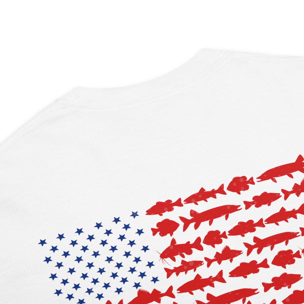 White men's t-shirt with American flag Bass on the front and American flag made of freshwater fish on the back