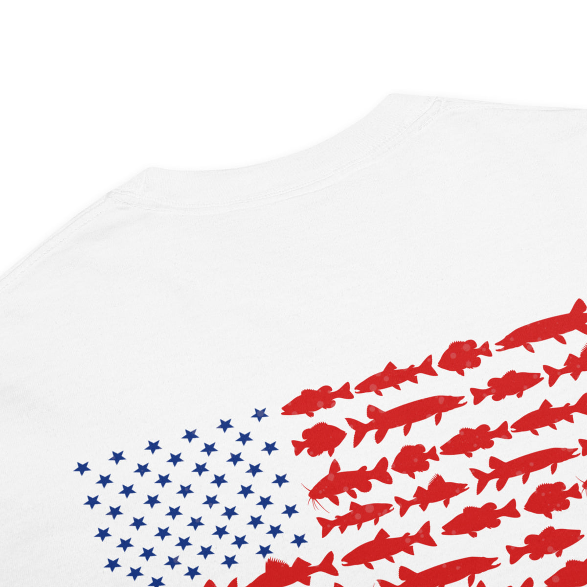 White men's t-shirt with American flag Bass on the front and American flag made of freshwater fish on the back