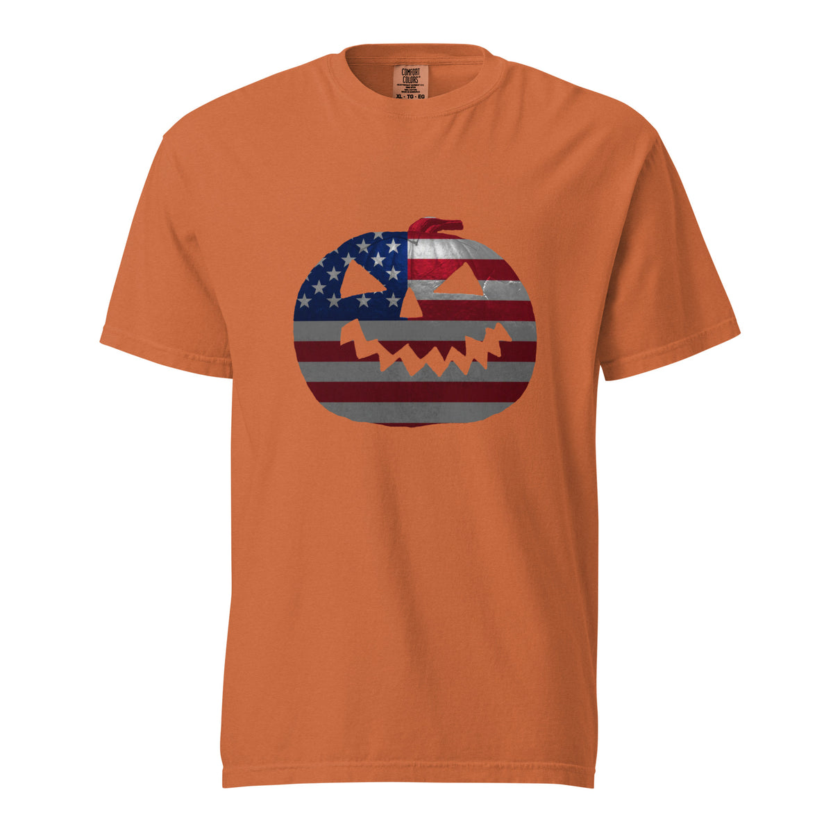 orange mens Halloween t-shirt with a jack-o-lantern pumpkin design and American flag