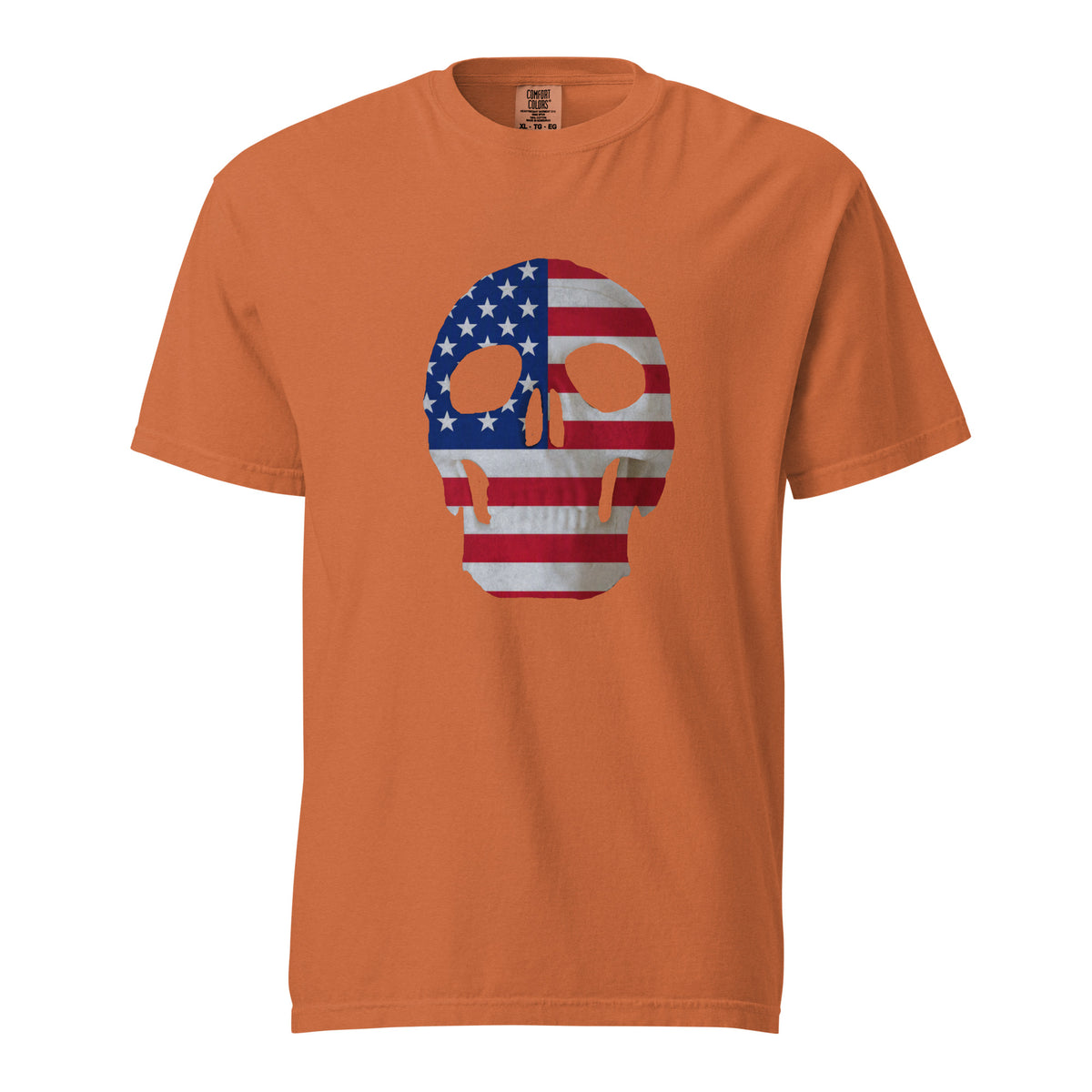 Men's orange t-shirt for Halloween with a skull and American flag combination on the front