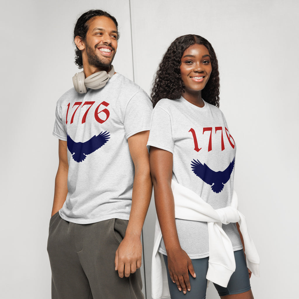 Gray unisex sports shirt with American eagle and 1776 red and blue design
