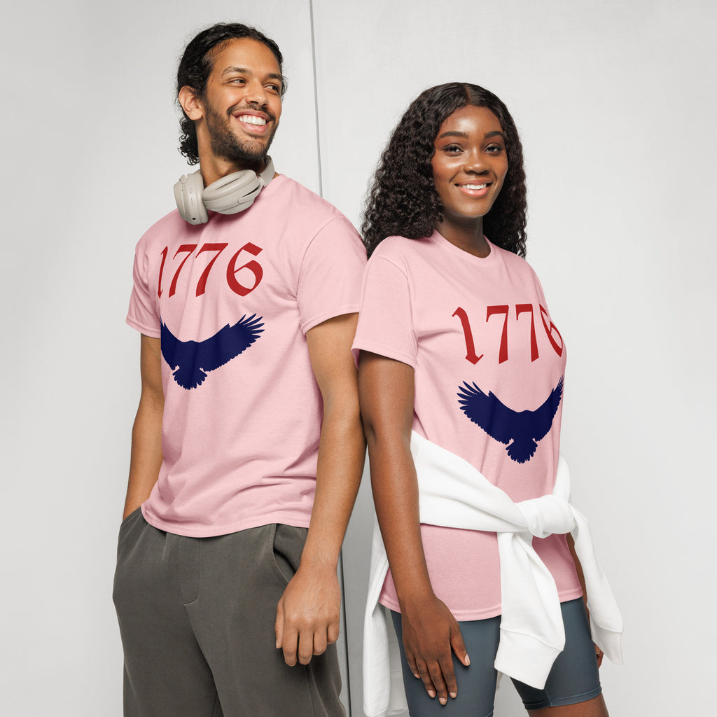Pink unisex sports shirt with American eagle and 1776 red and blue design