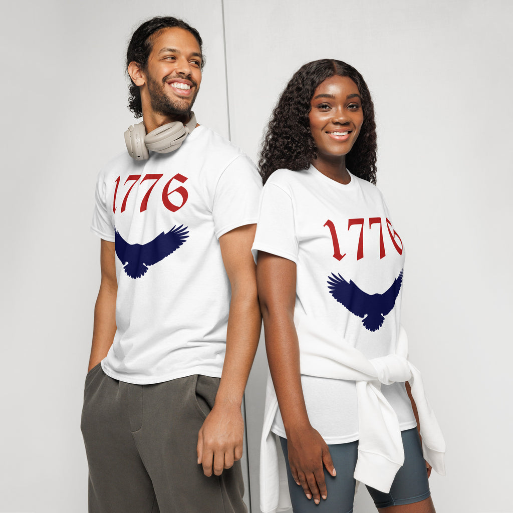 White unisex sports shirt with American eagle and 1776 red and blue design