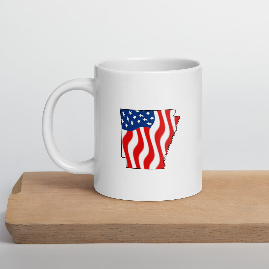 White women's patriotic American flag Arkansas mug