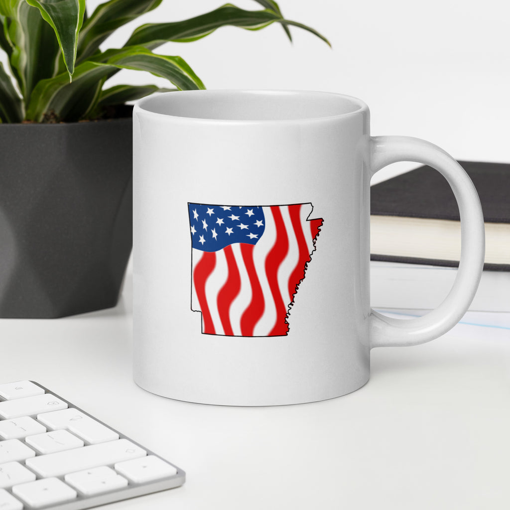 White women's patriotic American flag Arkansas mug