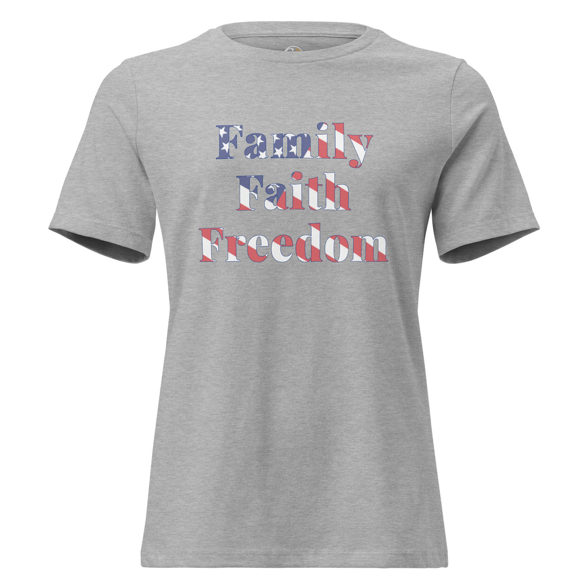 women's grey t-shirt with Family Faith Freedom with American flag overlay