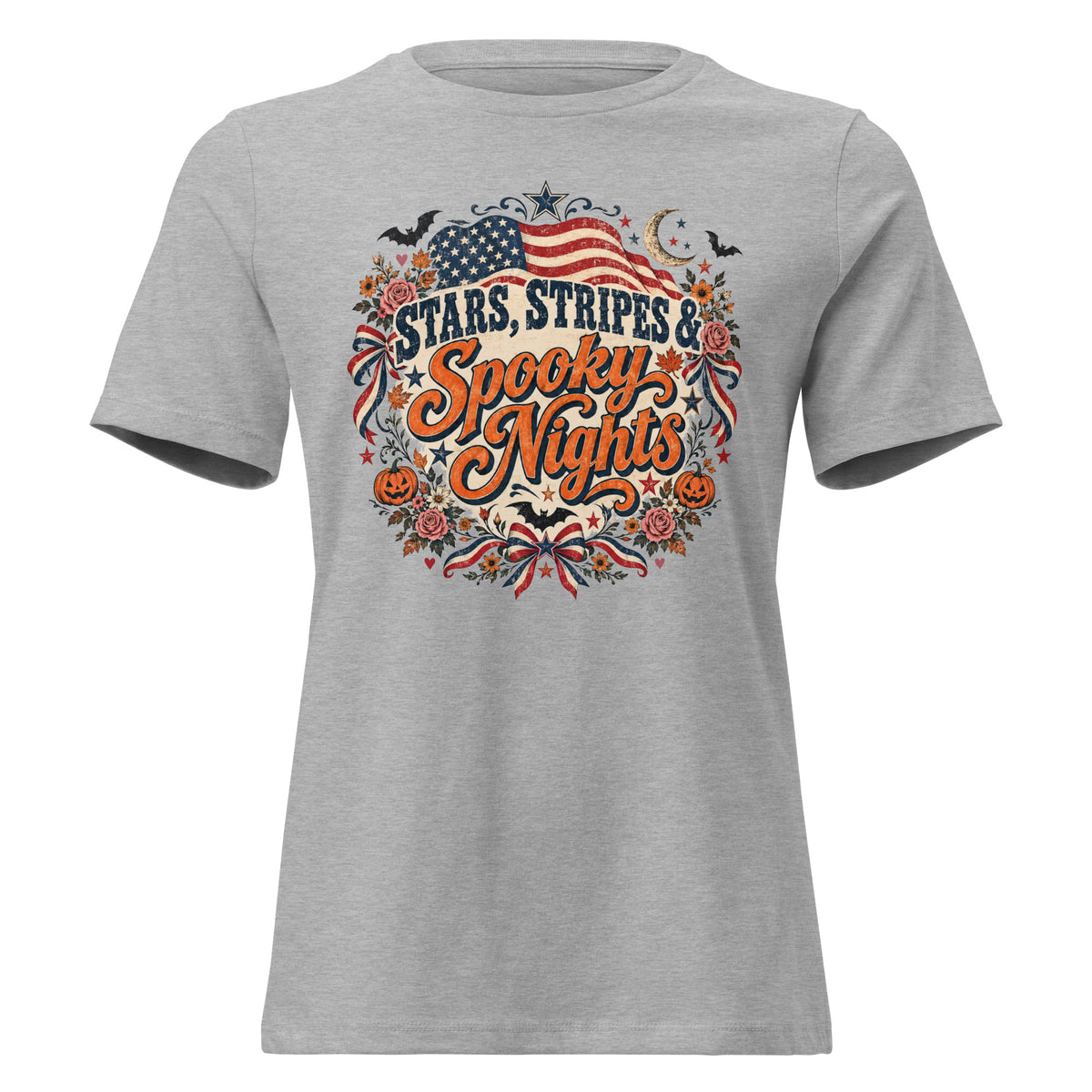 grey shirt with circular focal point that says "Stars, stripes & Spooky nights", with American flag, flowers, bats, and Halloween accents around