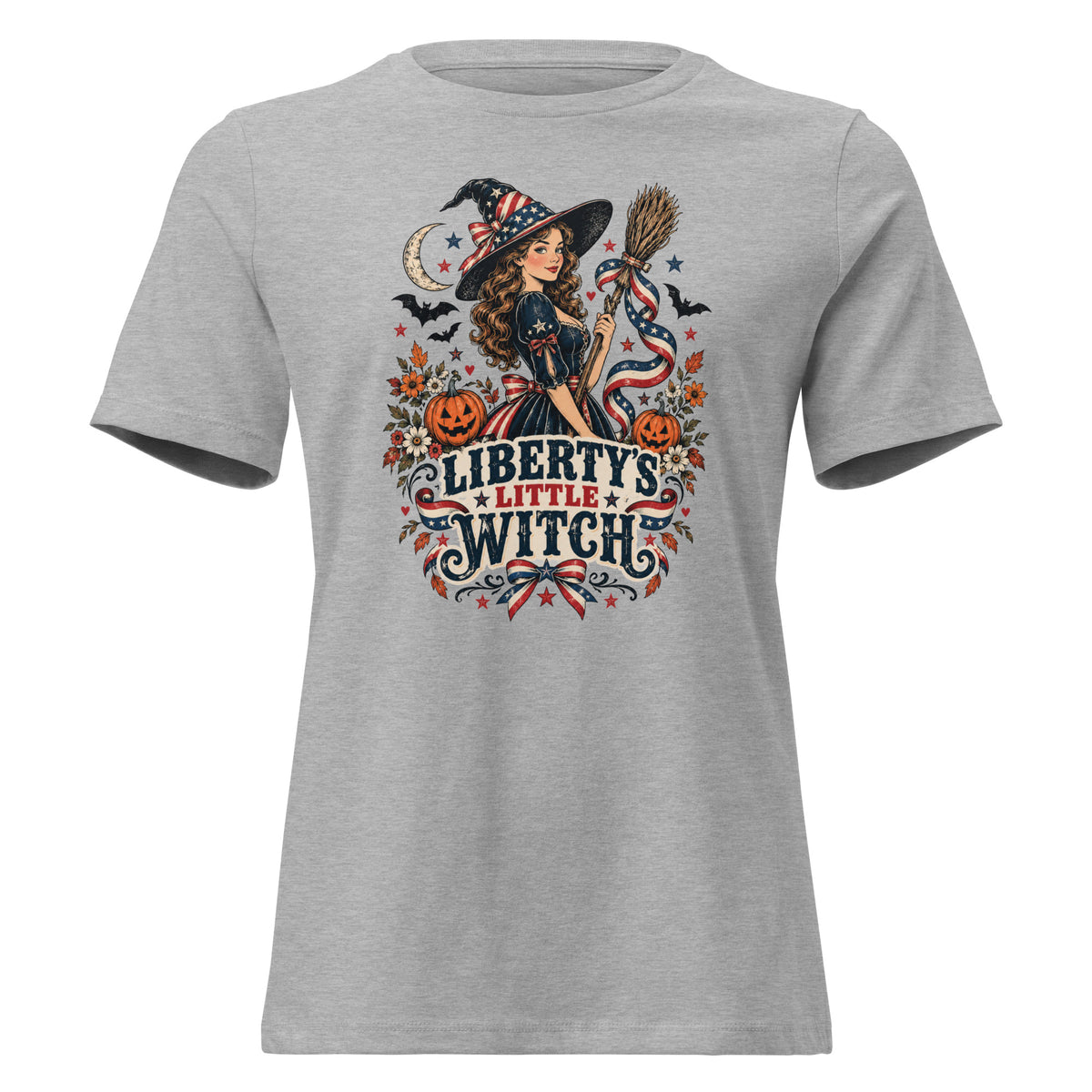 grey women's shirt with American theme witch, and halloween/fall inspired small icons with text saying "Liberty's Little Witch"