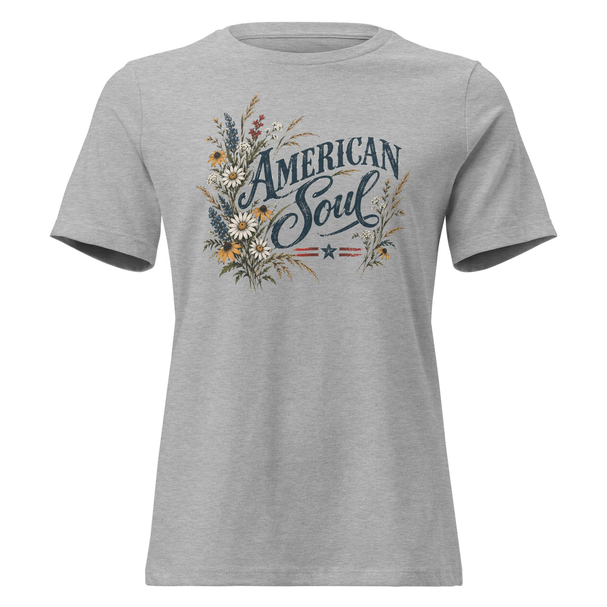 gray women's shirt with a wildflower graphic to the left of the text "American soul"