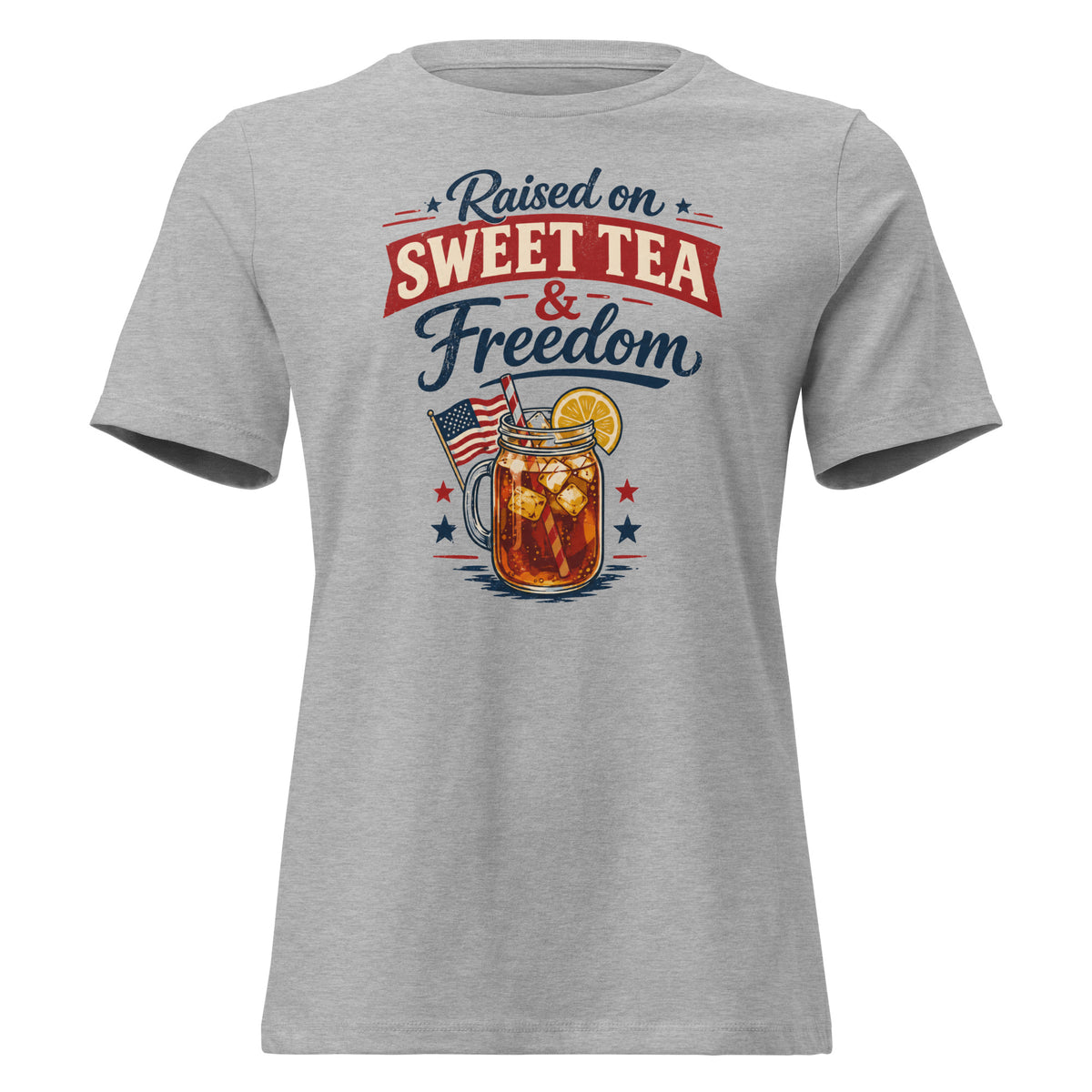 women's gray t-shirt that says "raised on sweet tea and freedom" with American flag and cartoon tea mason jar