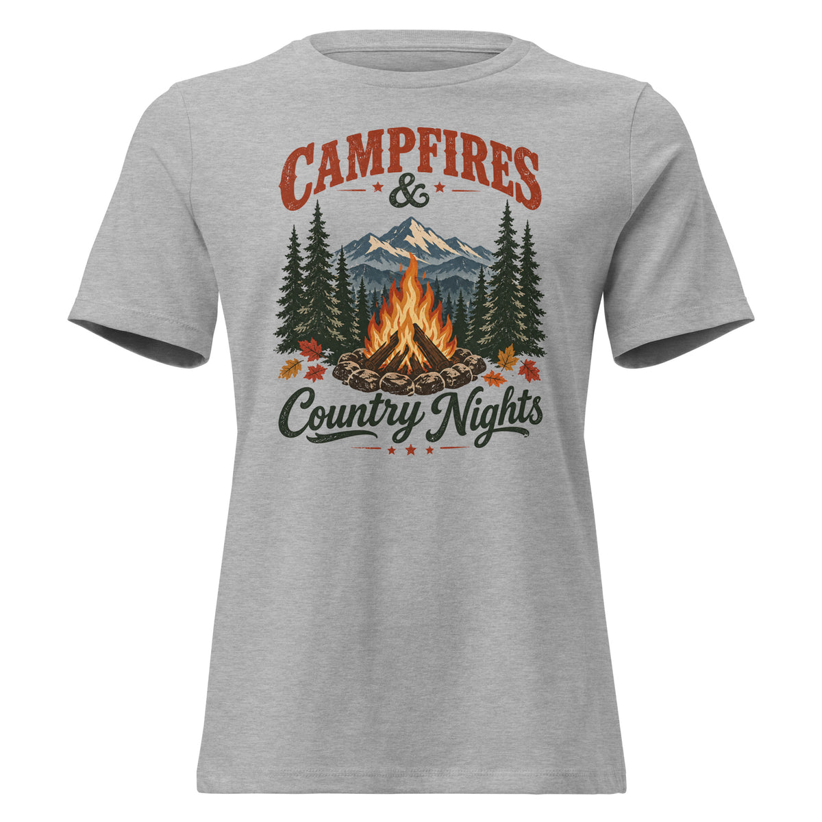 women's gray t-shirt with wooded camping area graphic that says "Campfires & Country Nights"