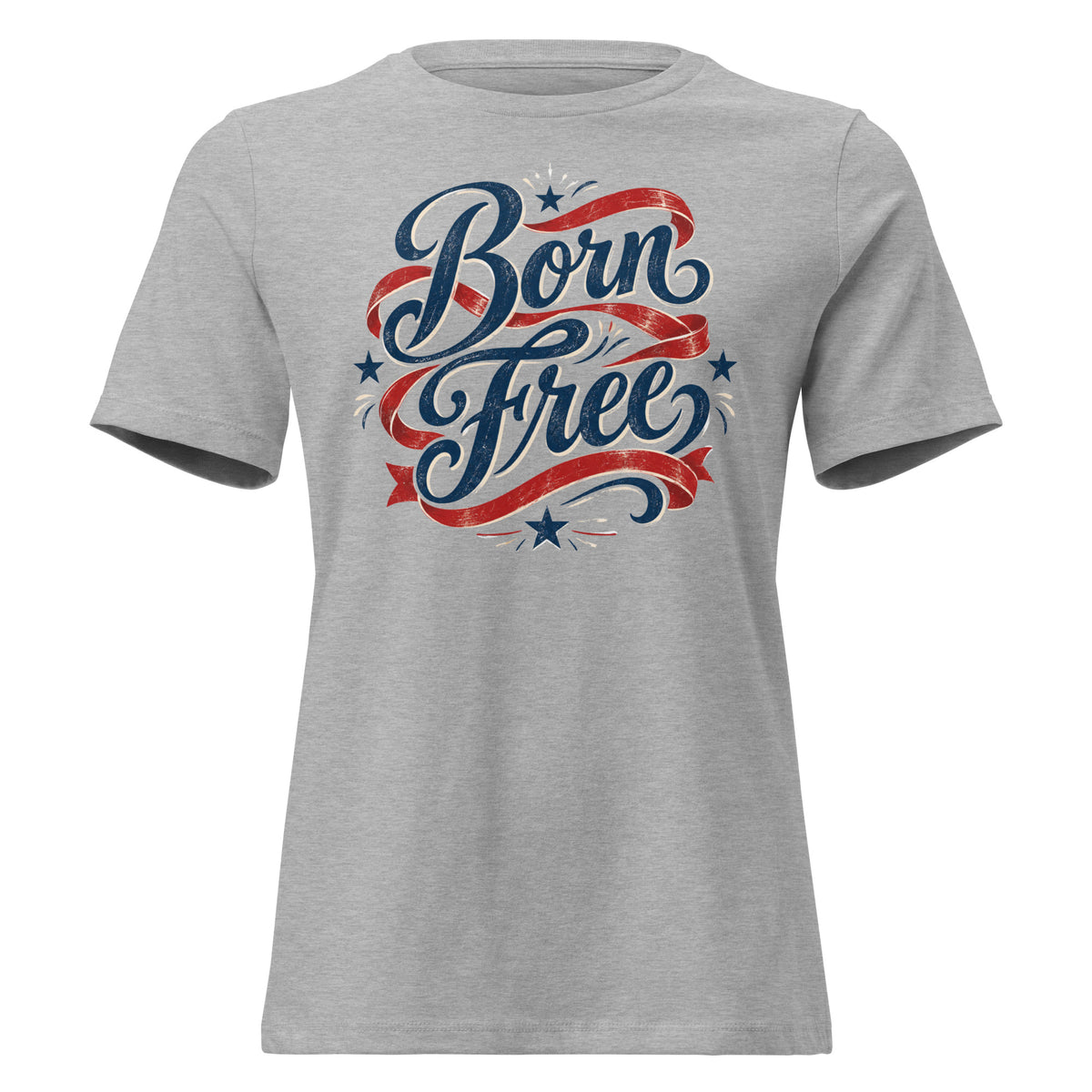 gray women's shirt with Born Free in scripted lettering and a red ribbon lacing around the words