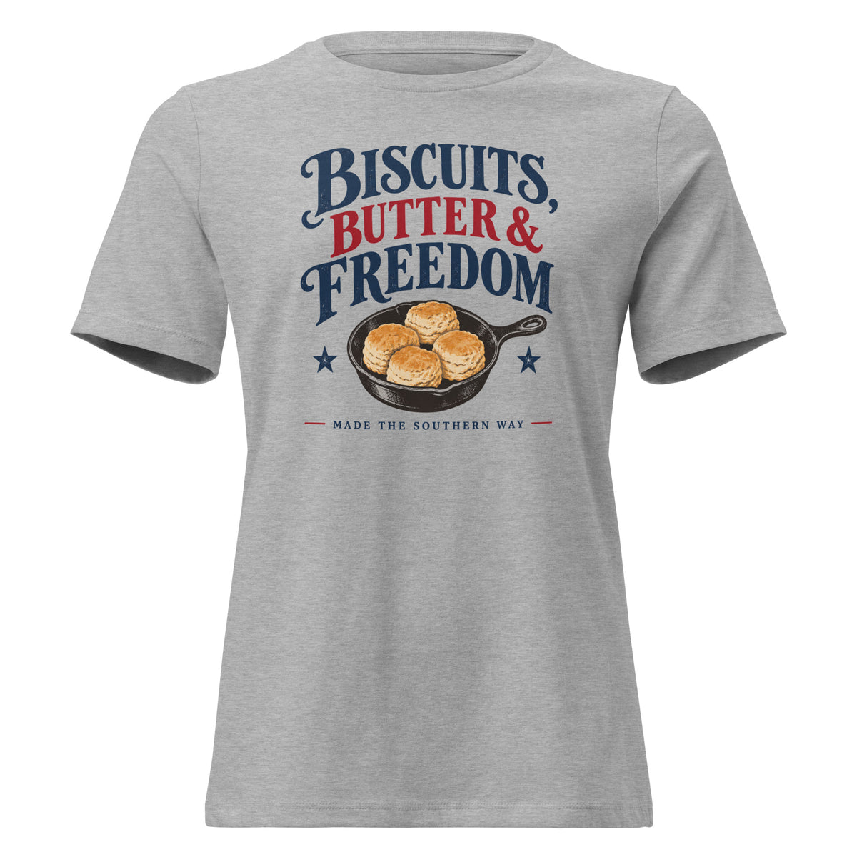 women's gray t-shirt with cast iron skillet with biscuits in it that says "Biscuits, butter & Freedom"
