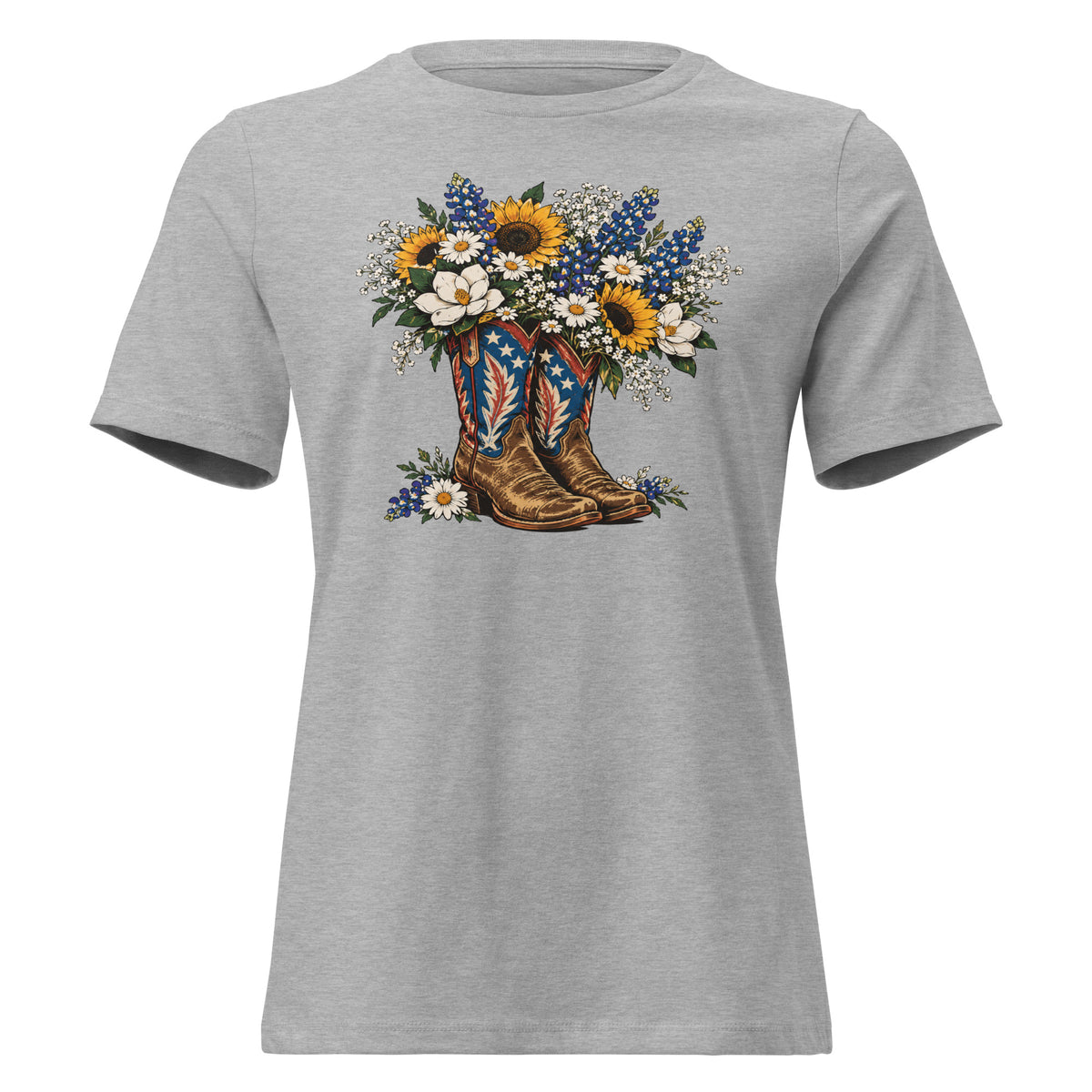 gray women's t-shirt with red, white, blue cowgirl boots graphic with wildflowers coming out of it