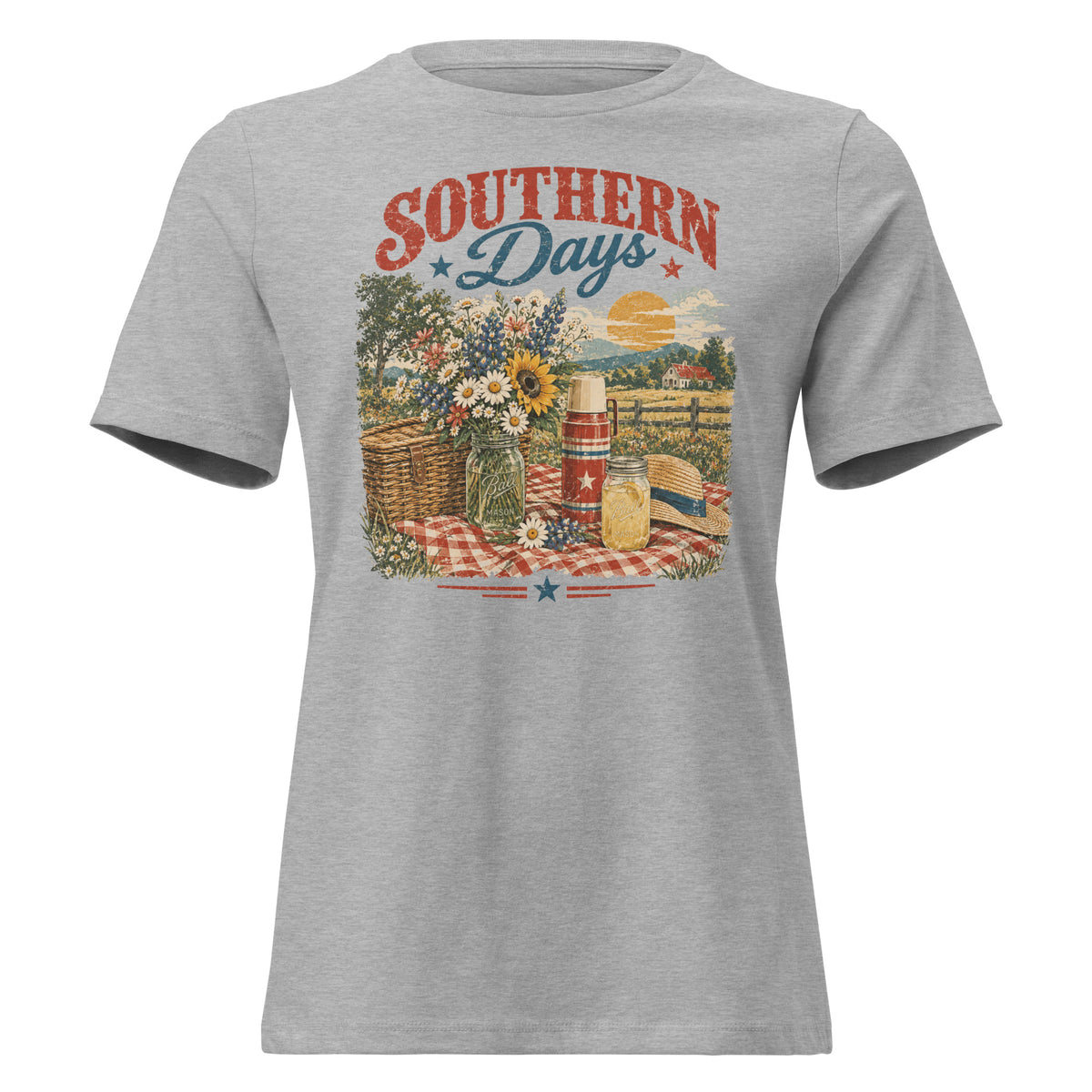 gray women's t-shirt with red, white, blue southern picnic spread graphic, with Southern days across the top