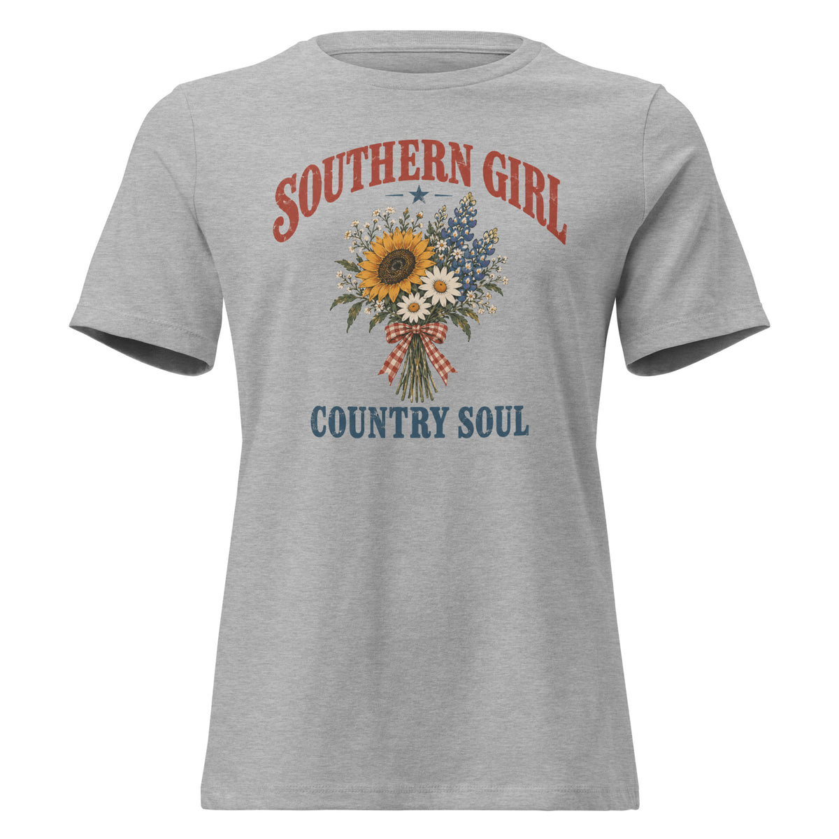 gray women's t-shirt with Southern girl country soul written above and below a simple wildflower bouquet