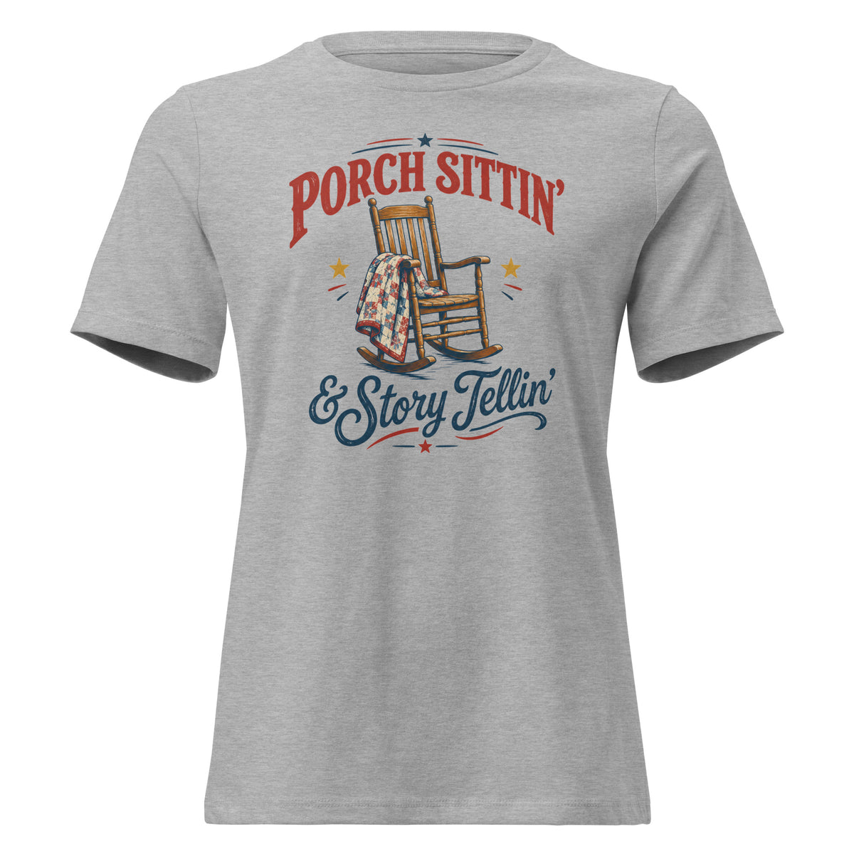 gray women's t-shirt with rocking chair graphic that says "Porch sittin & Story tellin" in southern country vibe