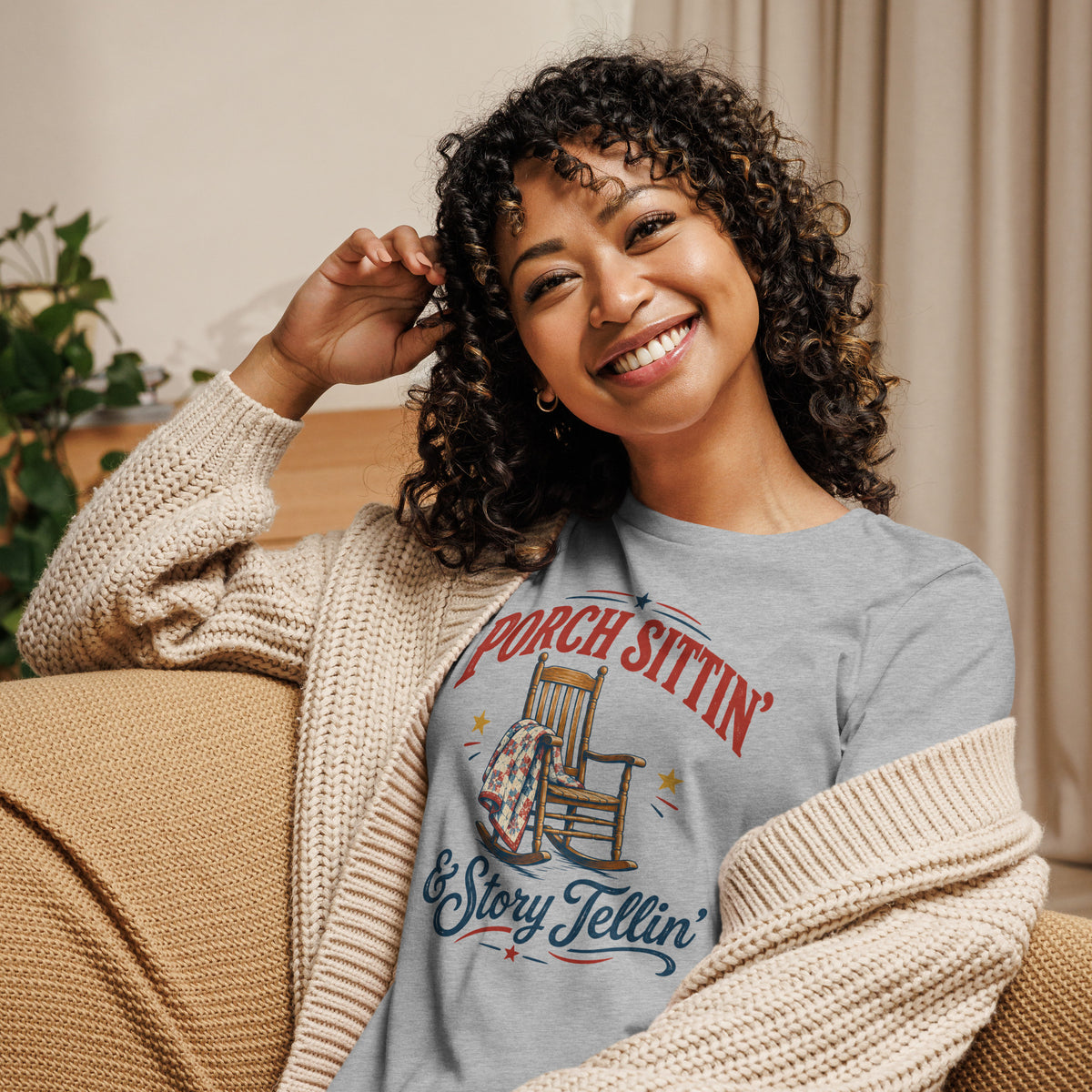 gray women's t-shirt with rocking chair graphic that says "Porch sittin & Story tellin" in southern country vibe