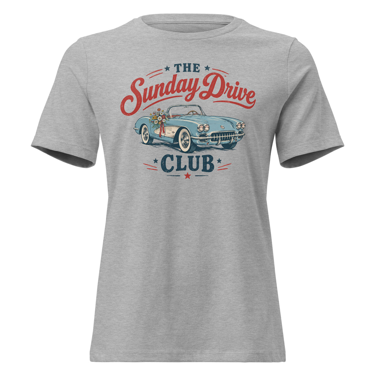 gray women's t-shirt with vintage car graphic that says "the sunday drive club" 