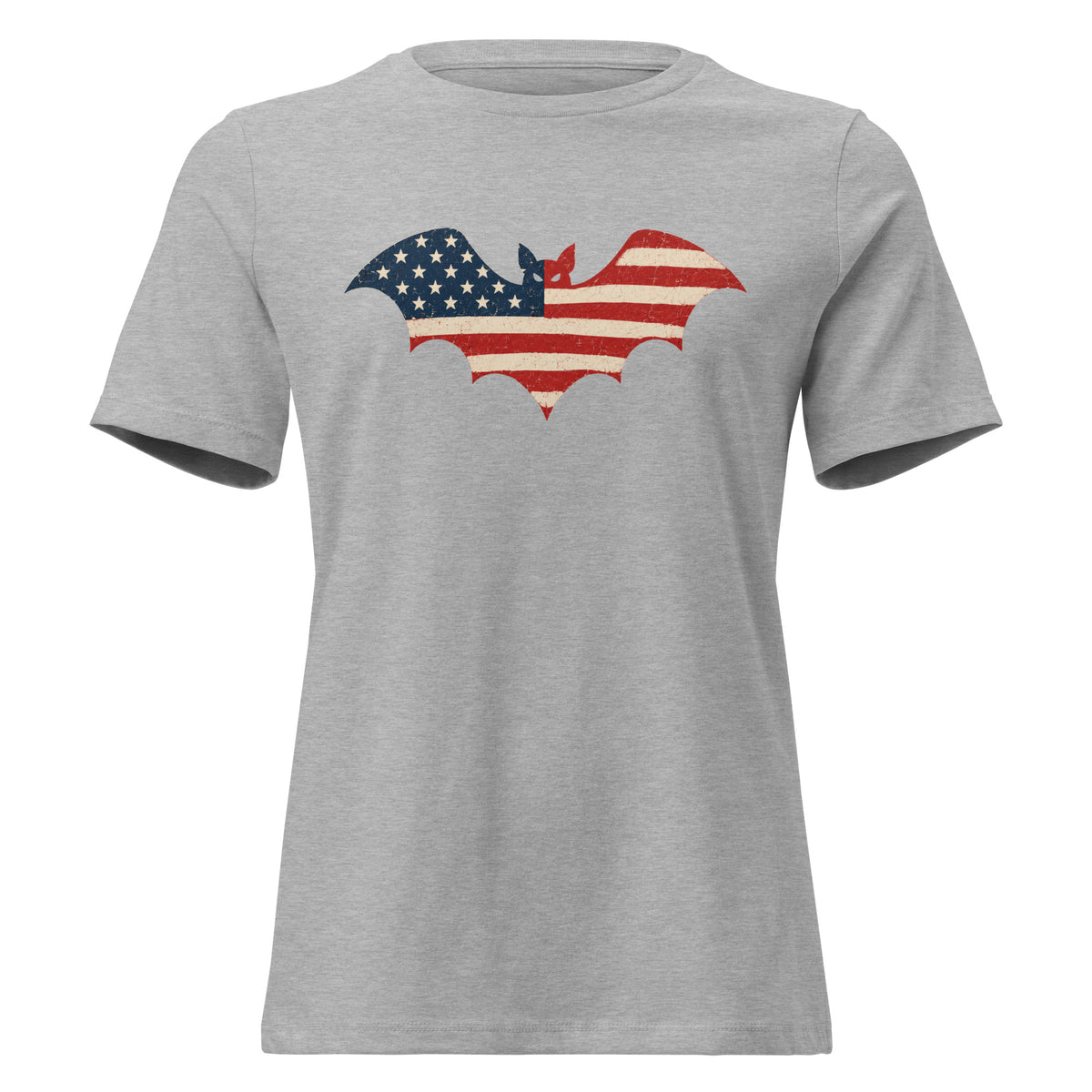 women's gray t-shirt for Halloween with a simple bat silhouette filled with vintage American flag