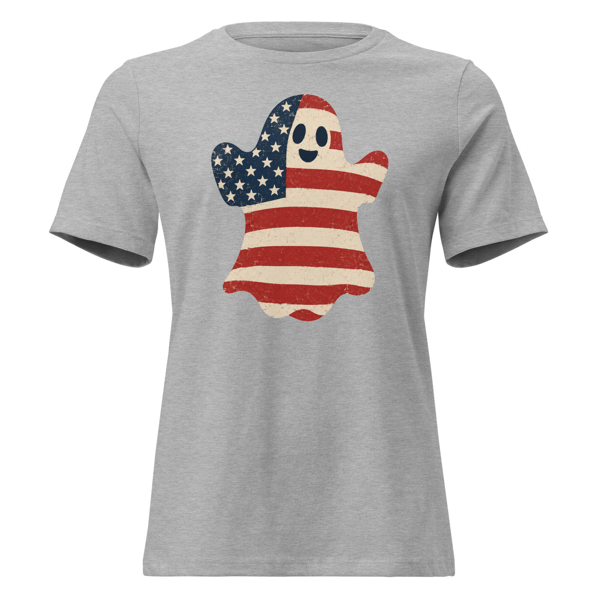 women's grey t-shirt for Halloween with a simple ghost silhouette filled with vintage American flag