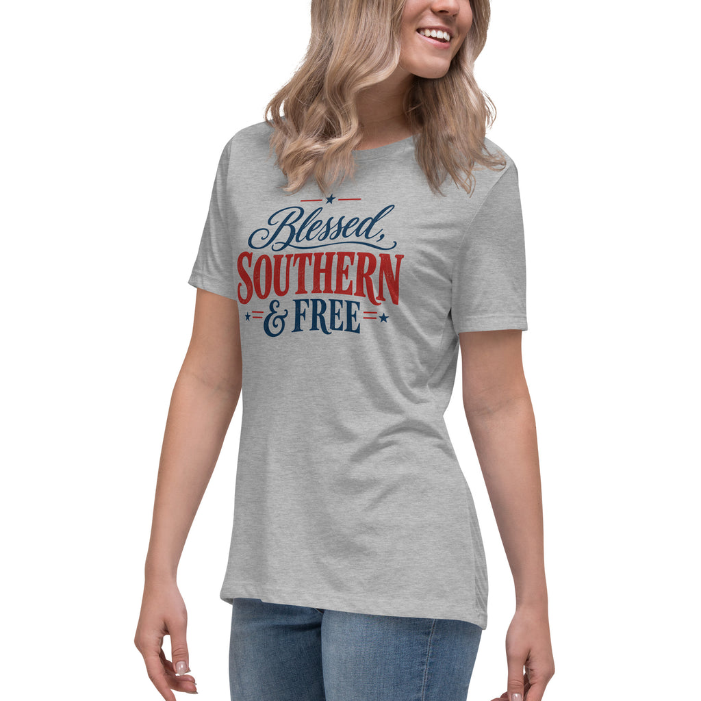 women's grey t-shirt with "blessed, southern and free" written in large lettering as main focal point with small star accents