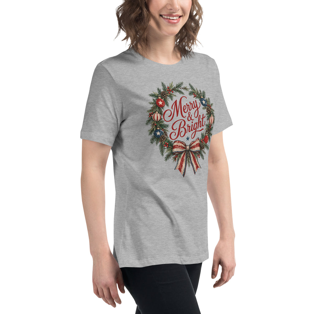 women's gray Christmas t-shirt with a wreath and bow that says "merry and bright" with red and blue accents