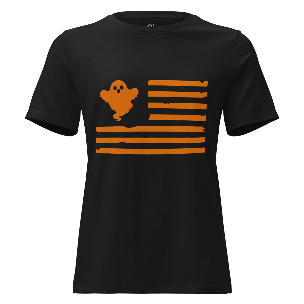Women's black t-shirt with orange ghost and American flag design on front
