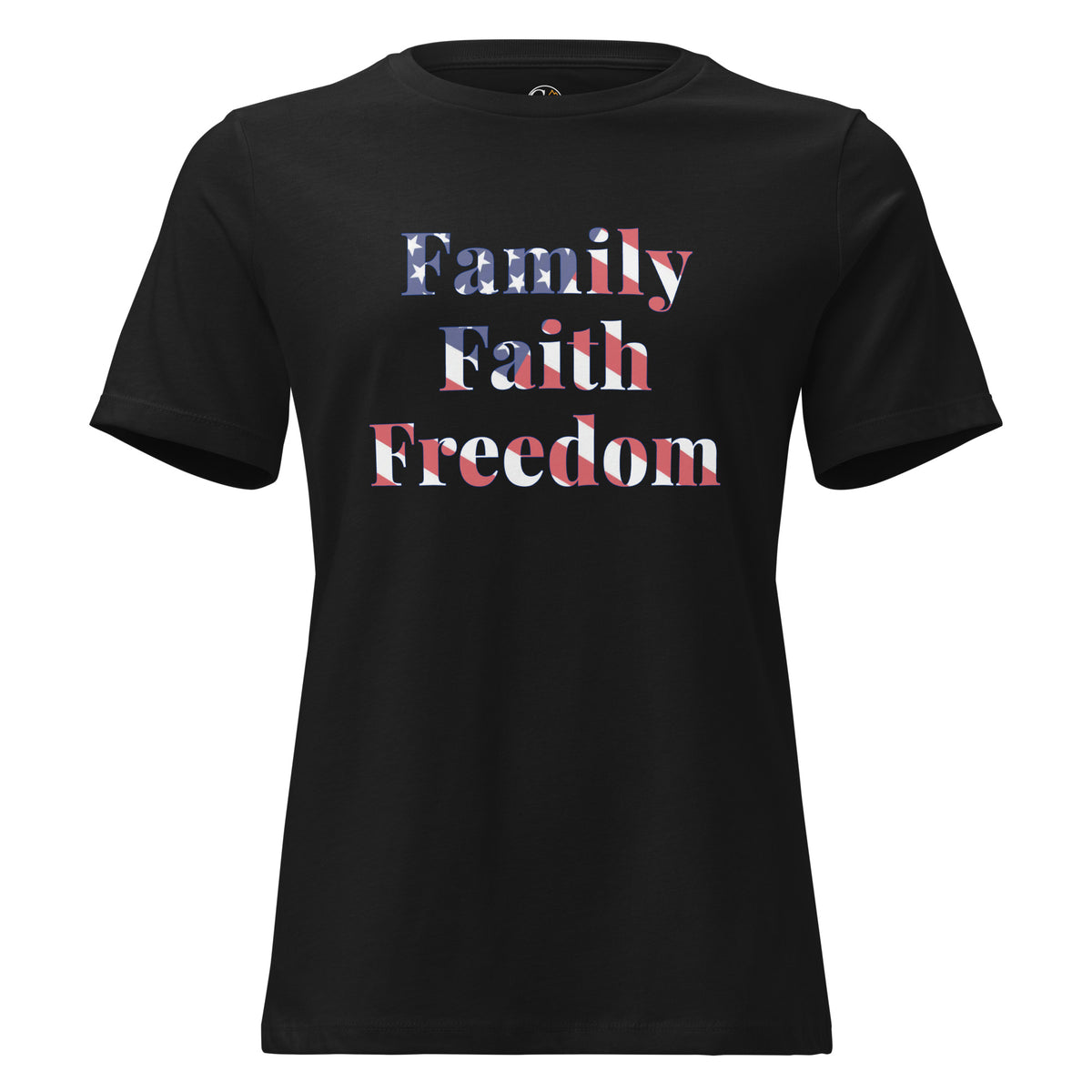 women's black t-shirt with Family Faith Freedom with American flag overlay