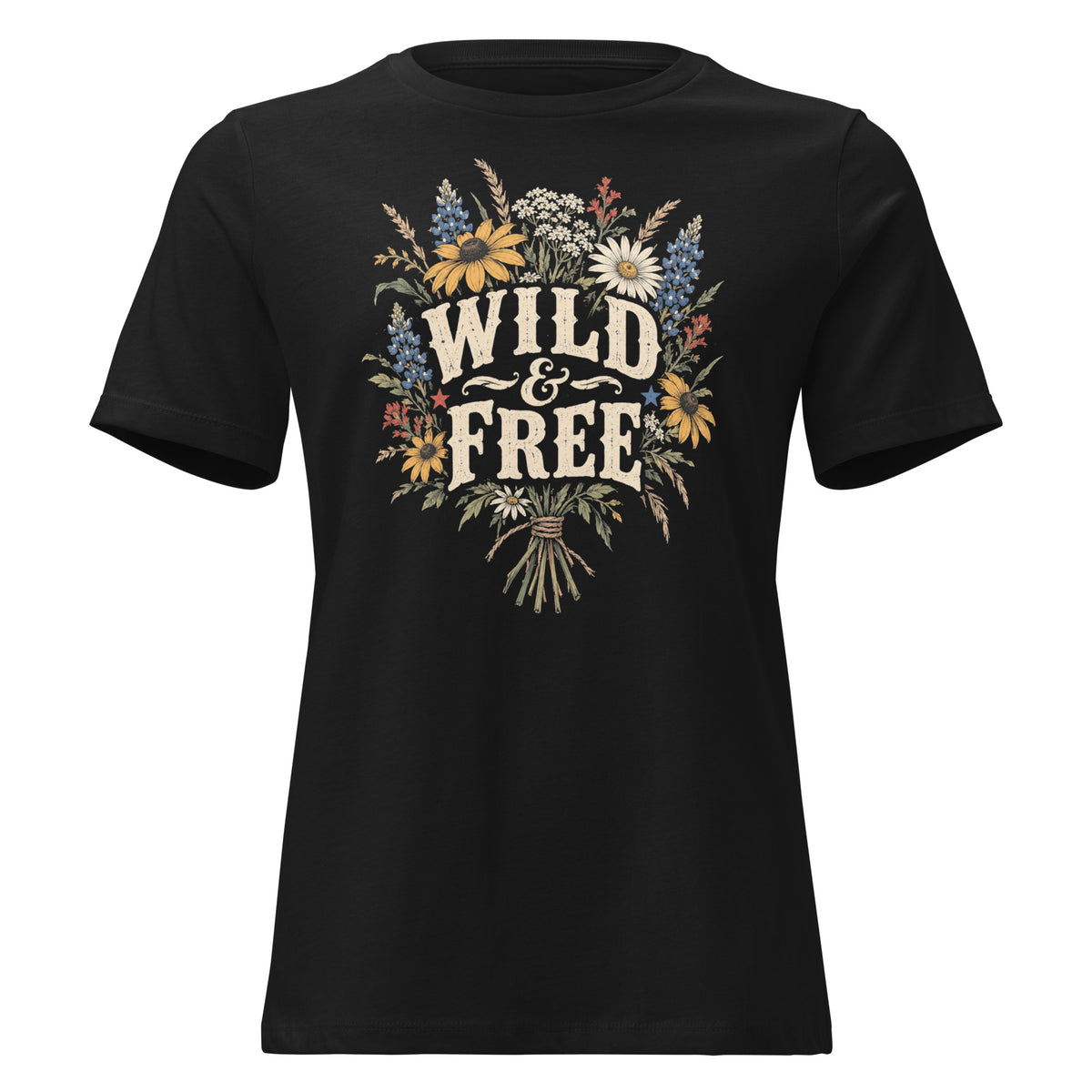 black women's shirt with a wildflower bouquet behind the text "wild & free"