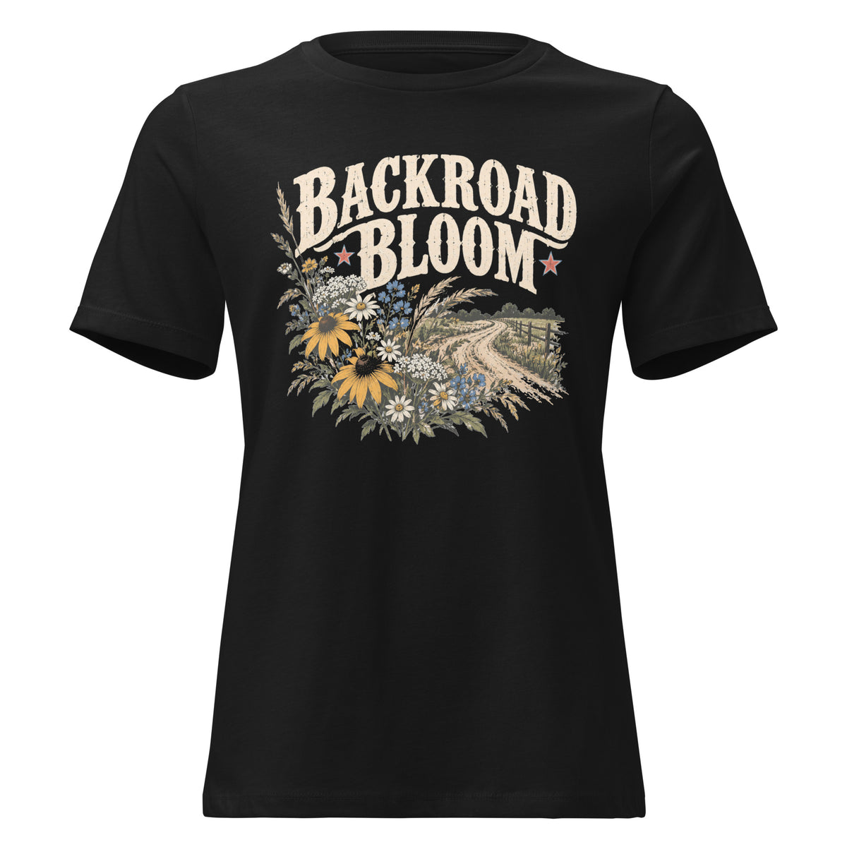 black women's shirt with a wildflower graphic and dirt road below the text "backroad bloom"