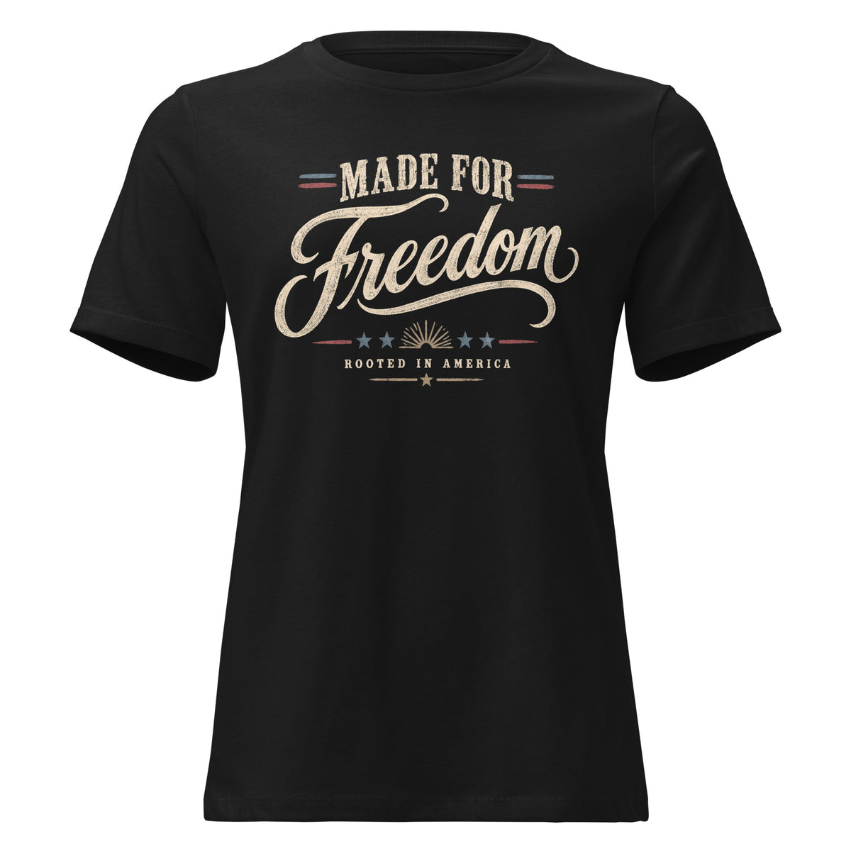 women's black t-shirt with Made for Freedom written in large lettering, and red/blue accents across the design