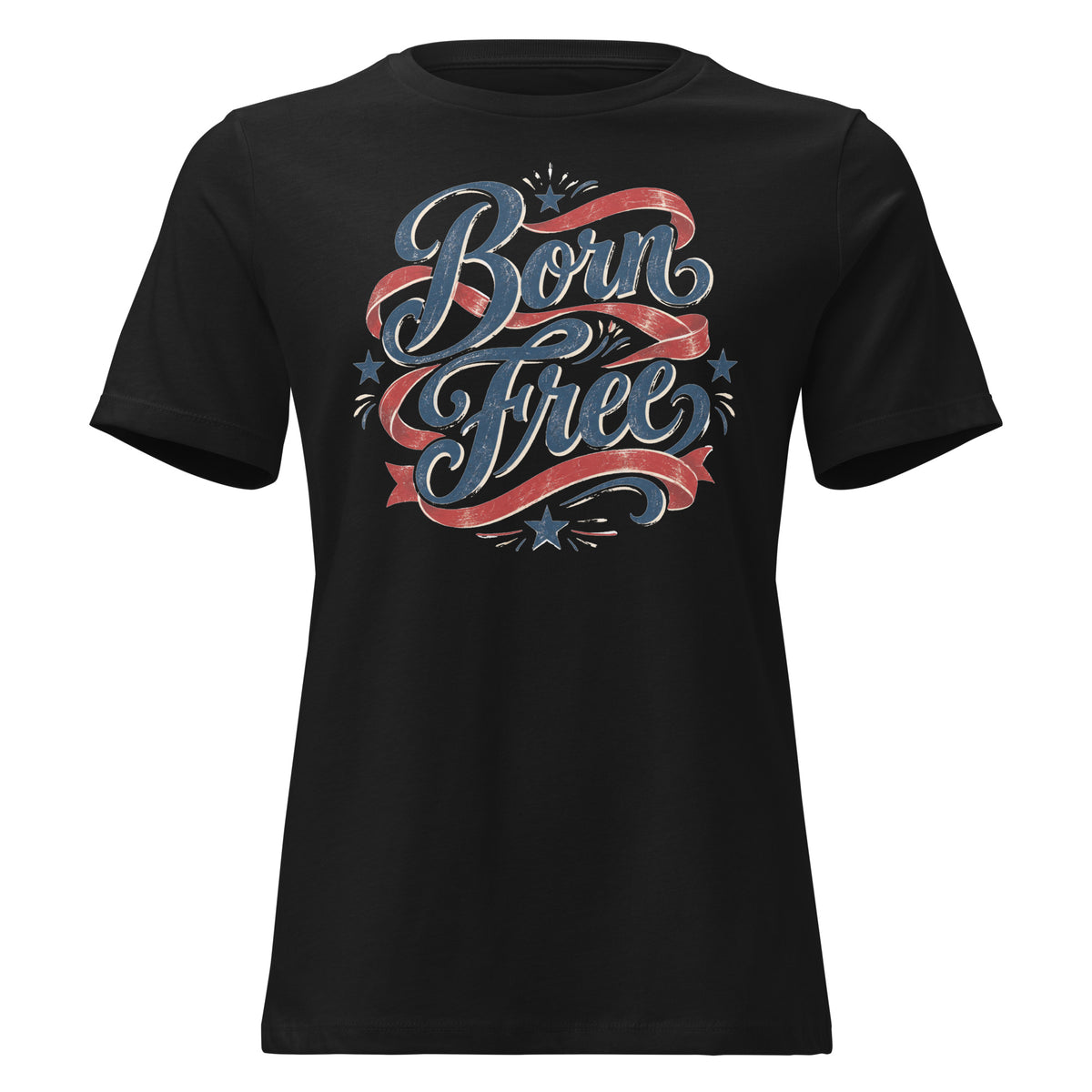 black women's shirt with Born Free in scripted lettering and a red ribbon lacing around the words