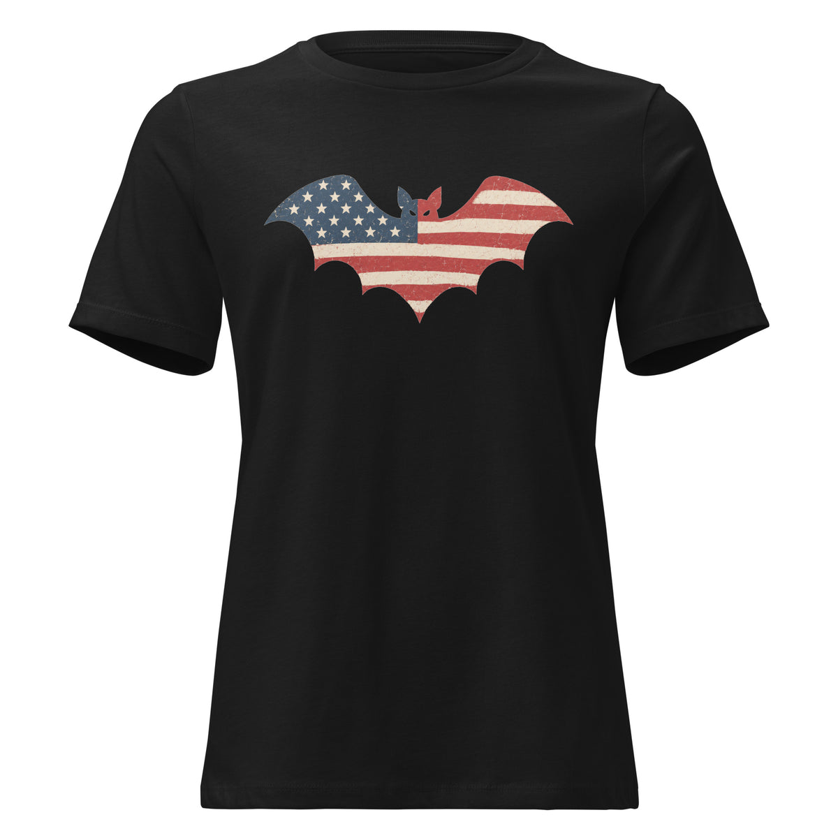 women's black t-shirt for Halloween with a simple bat silhouette filled with vintage American flag
