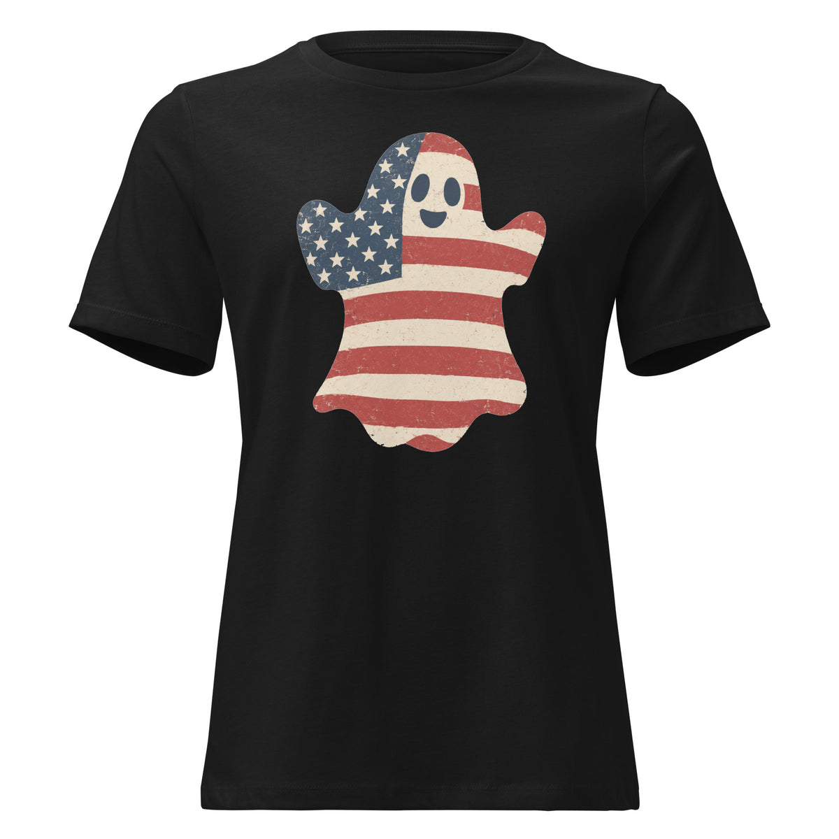 women's black t-shirt for Halloween with a simple ghost silhouette filled with vintage American flag
