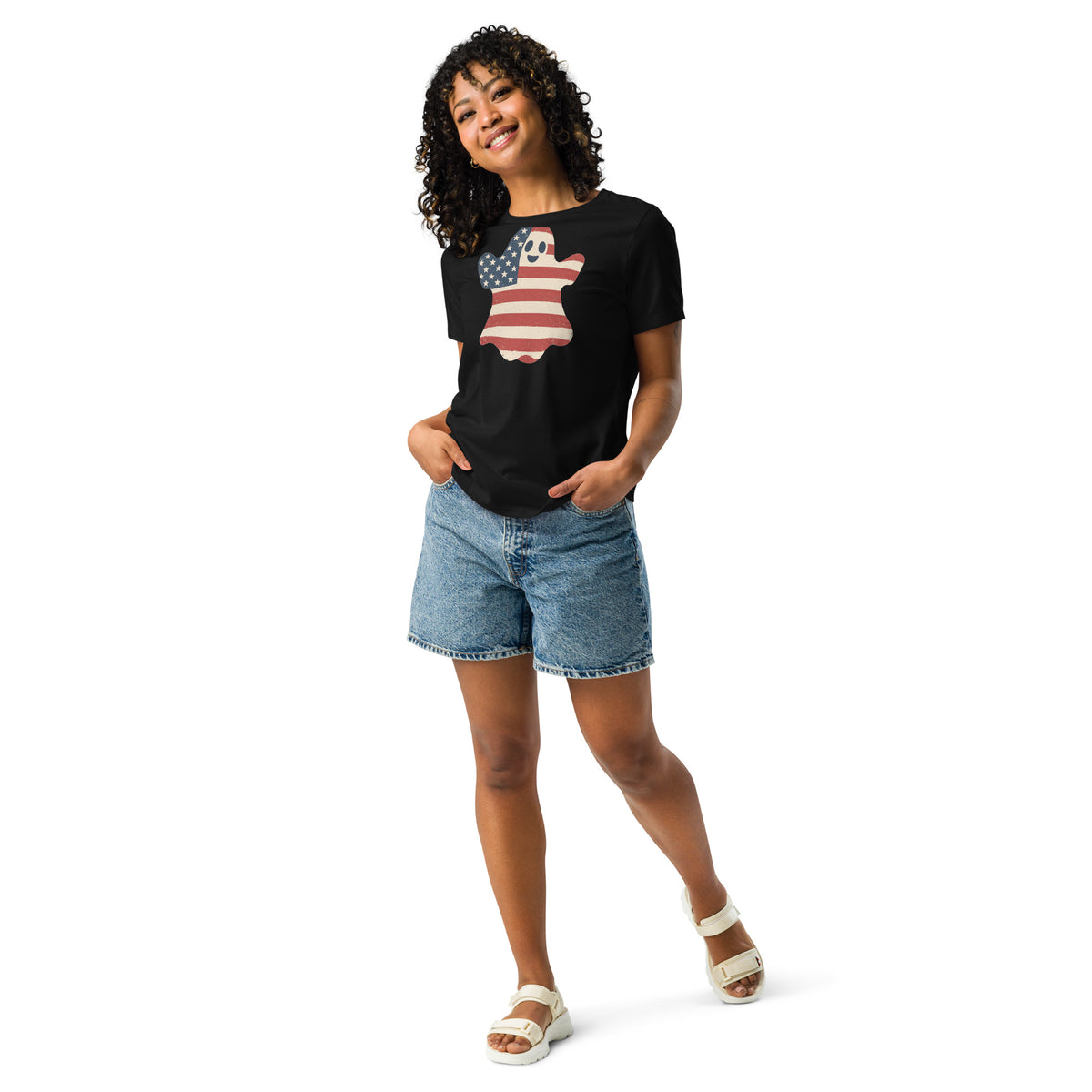 women's black t-shirt for Halloween with a simple ghost silhouette filled with vintage American flag
