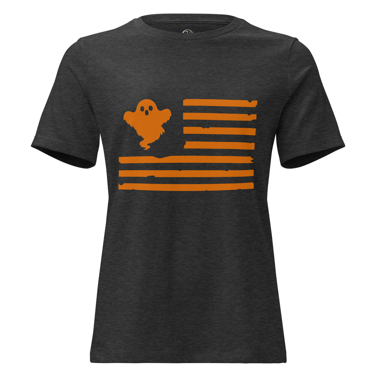 Women's gray t-shirt with orange ghost and American flag design on front