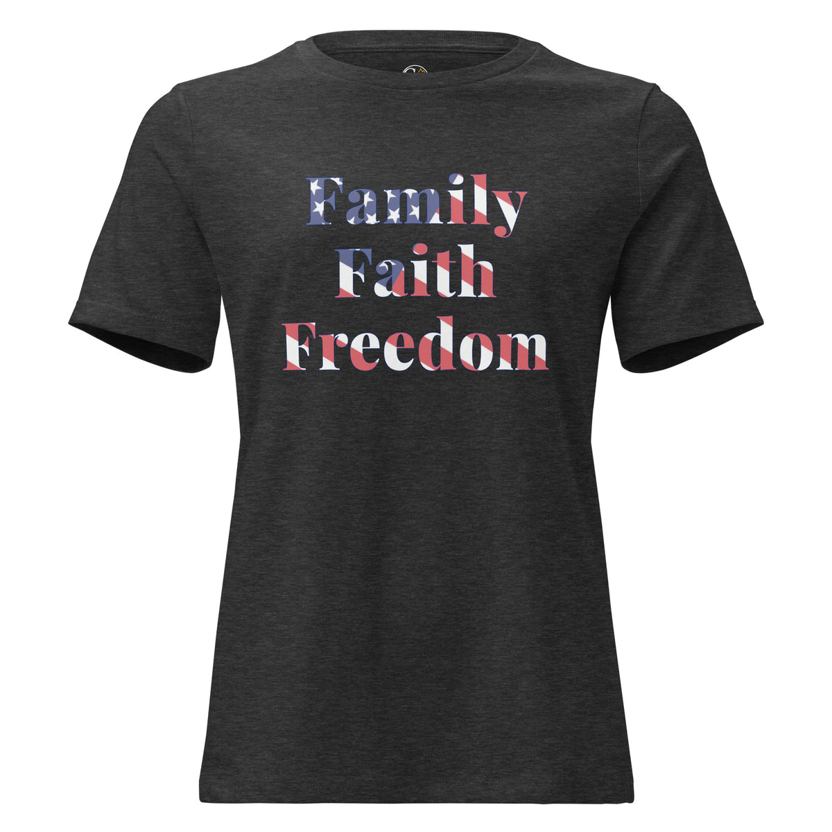 women's grey t-shirt with Family Faith Freedom with American flag overlay