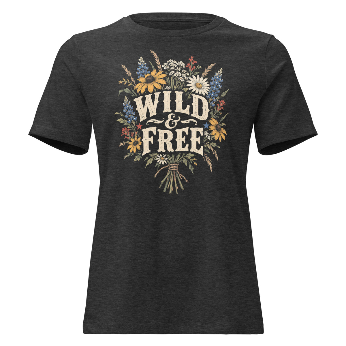 gray women's shirt with a wildflower bouquet behind the text "wild & free"