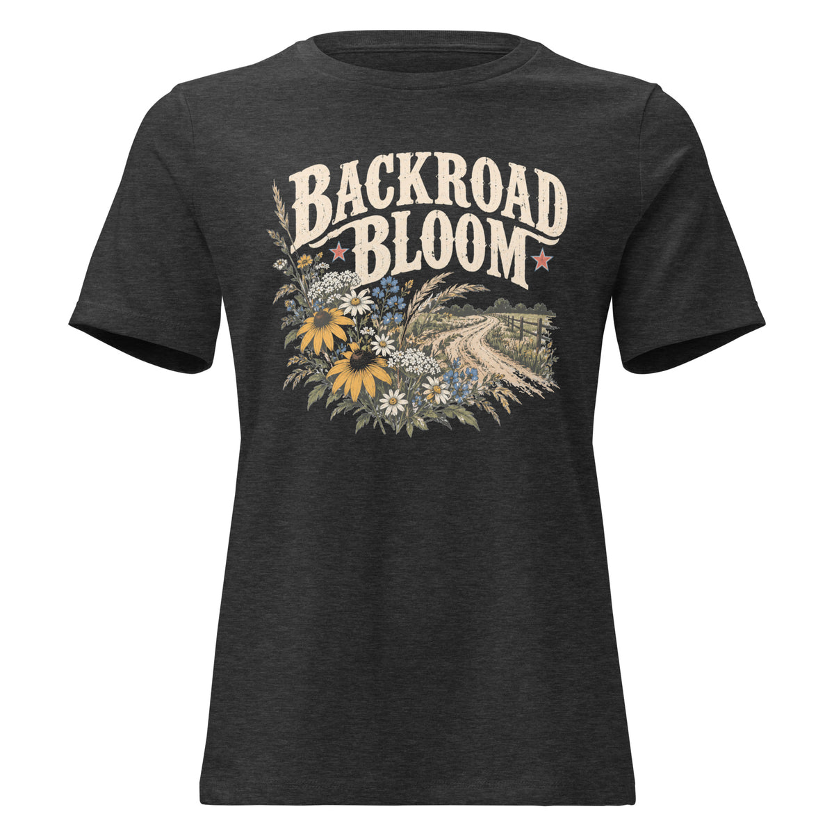 gray women's shirt with a wildflower graphic and dirt road below the text "backroad bloom"