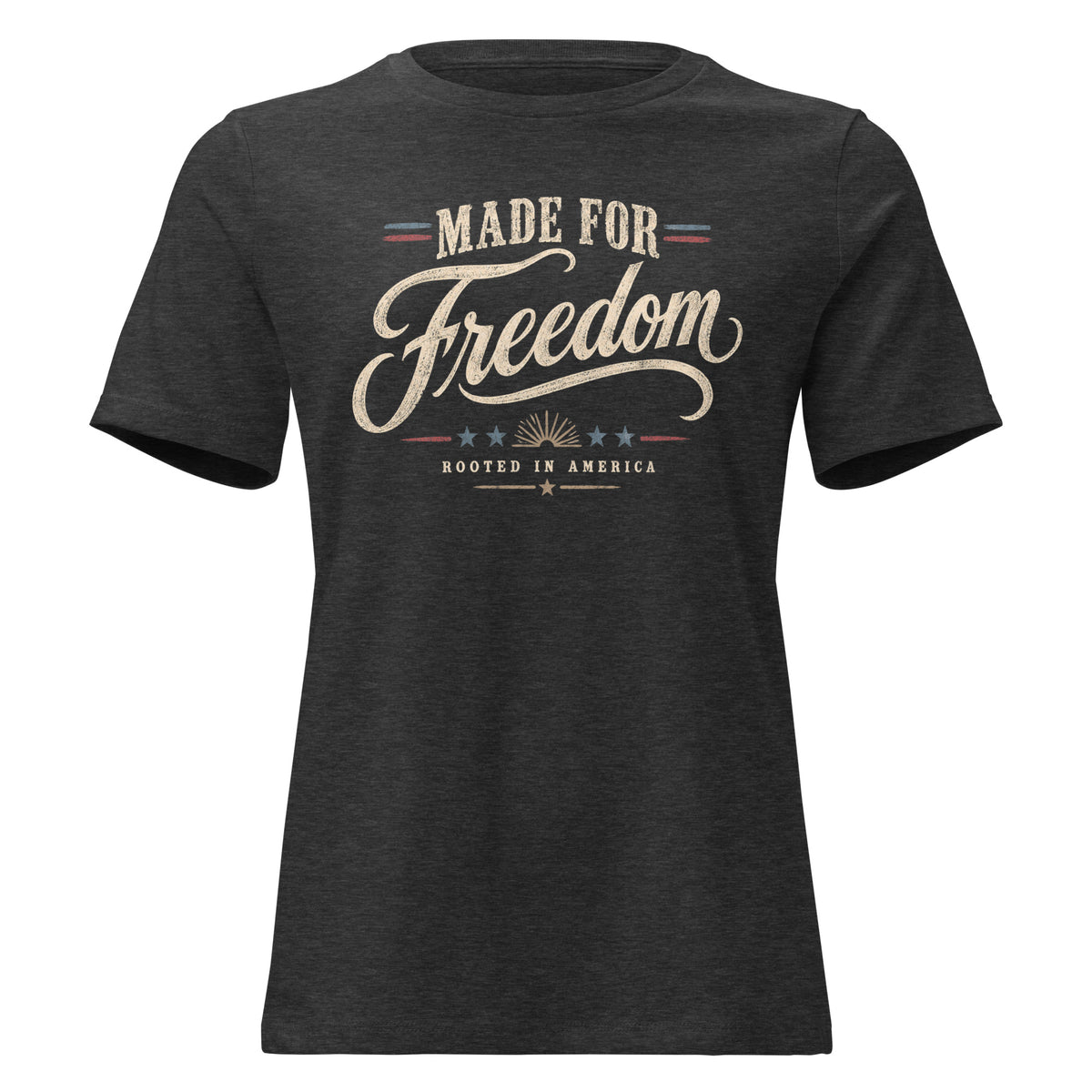 women's gray t-shirt with Made for Freedom written in large lettering, and red/blue accents across the design