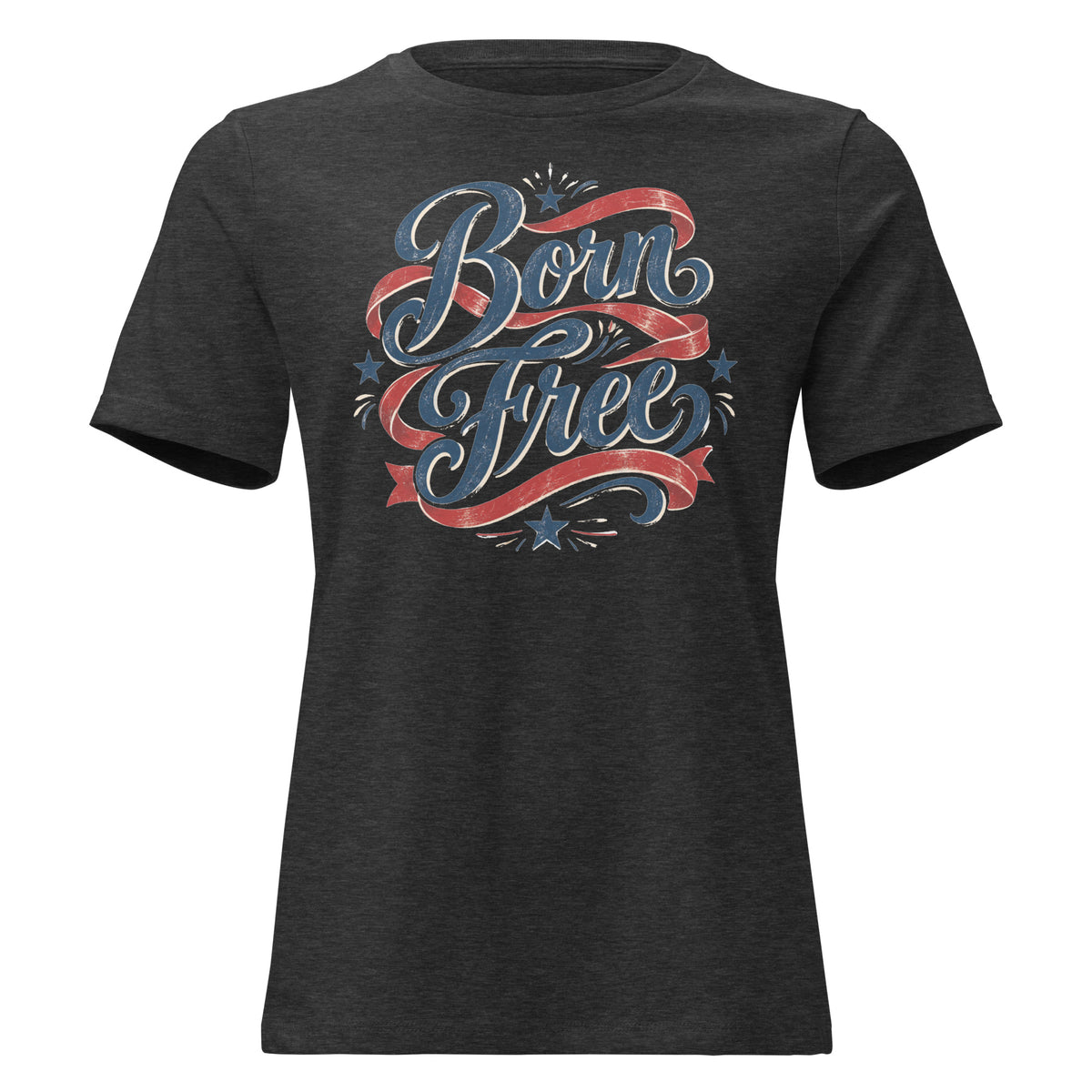 gray women's shirt with Born Free in scripted lettering and a red ribbon lacing around the words