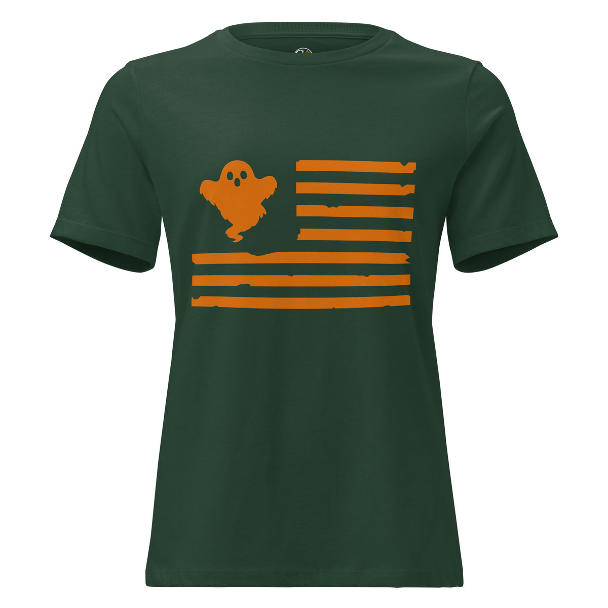 Women's green t-shirt with orange ghost and American flag design on front