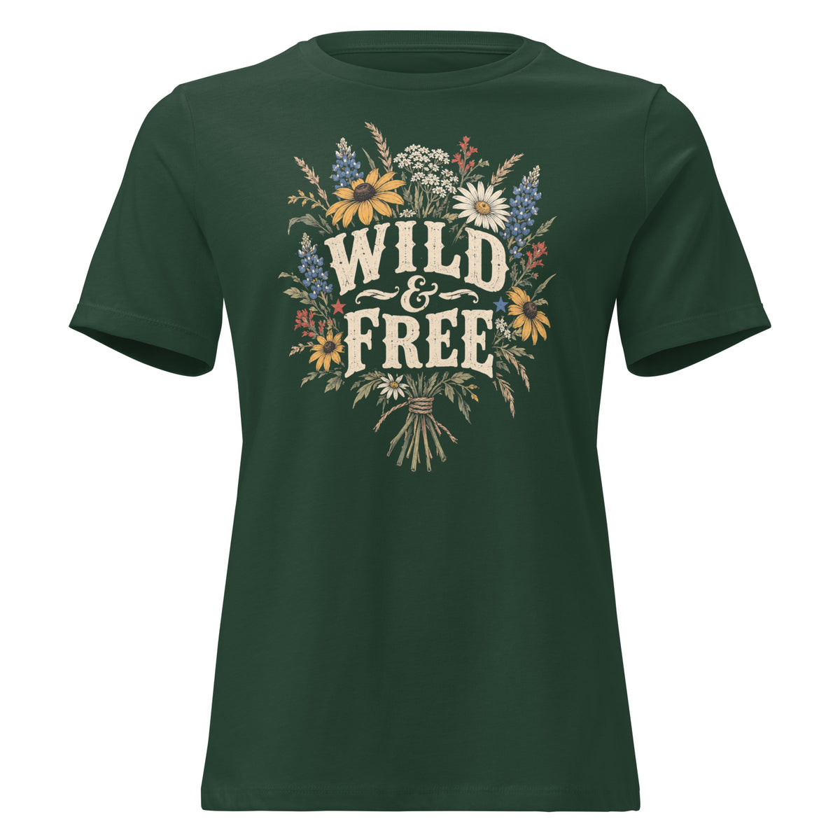 green women's shirt with a wildflower bouquet behind the text "wild & free"