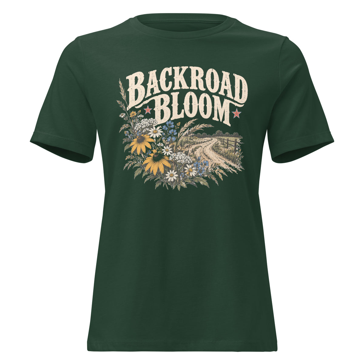 green women's shirt with a wildflower graphic and dirt road below the text "backroad bloom"