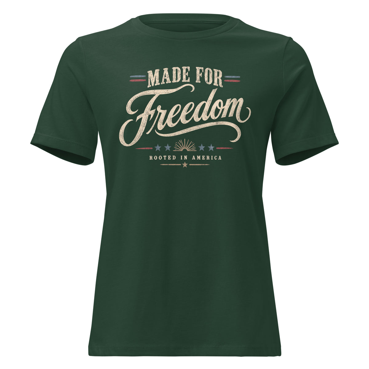 women's green t-shirt with Made for Freedom written in large lettering, and red/blue accents across the design