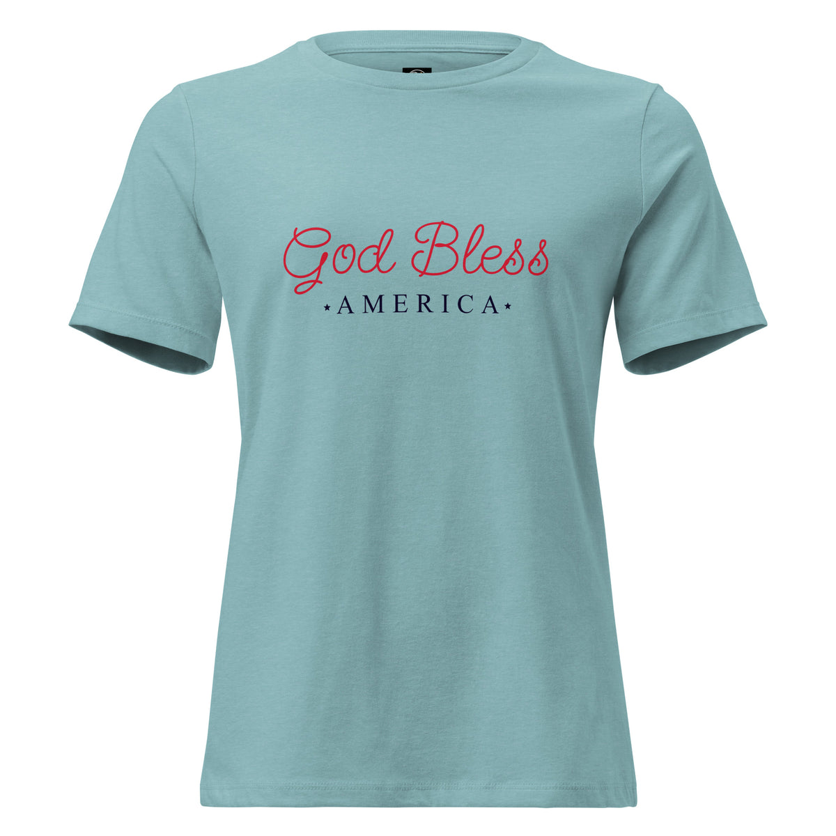 women's blue t-shirt with God Bless America written on it