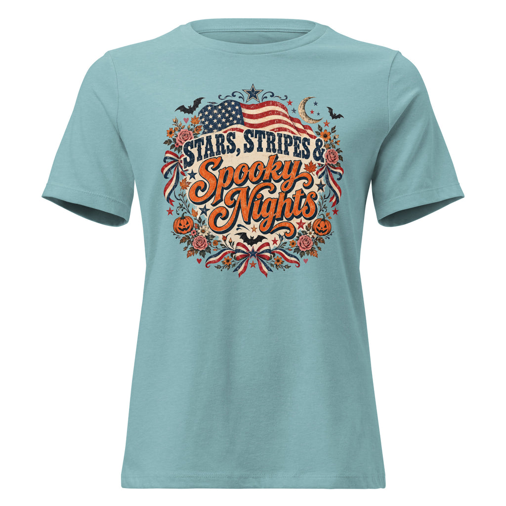 blue shirt with circular focal point that says "Stars, stripes & Spooky nights", with American flag, flowers, bats, and Halloween accents around