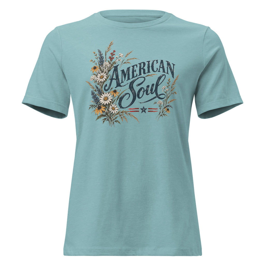 blue women's shirt with a wildflower graphic to the left of the text "American soul"