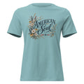 blue women's shirt with a wildflower graphic to the left of the text "American soul"